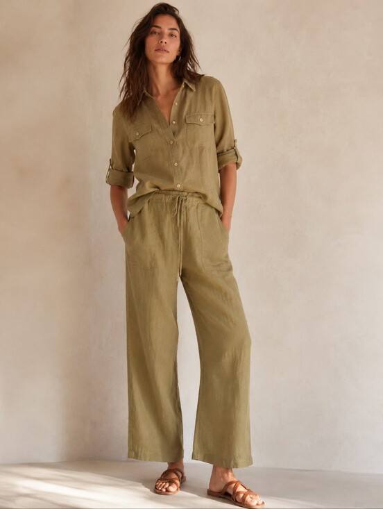 Saks Fifth Avenue Pants - Saks Fifth Avenue Women's Olive Linen Button-Up Shirt & Wide-Leg Pants Set M